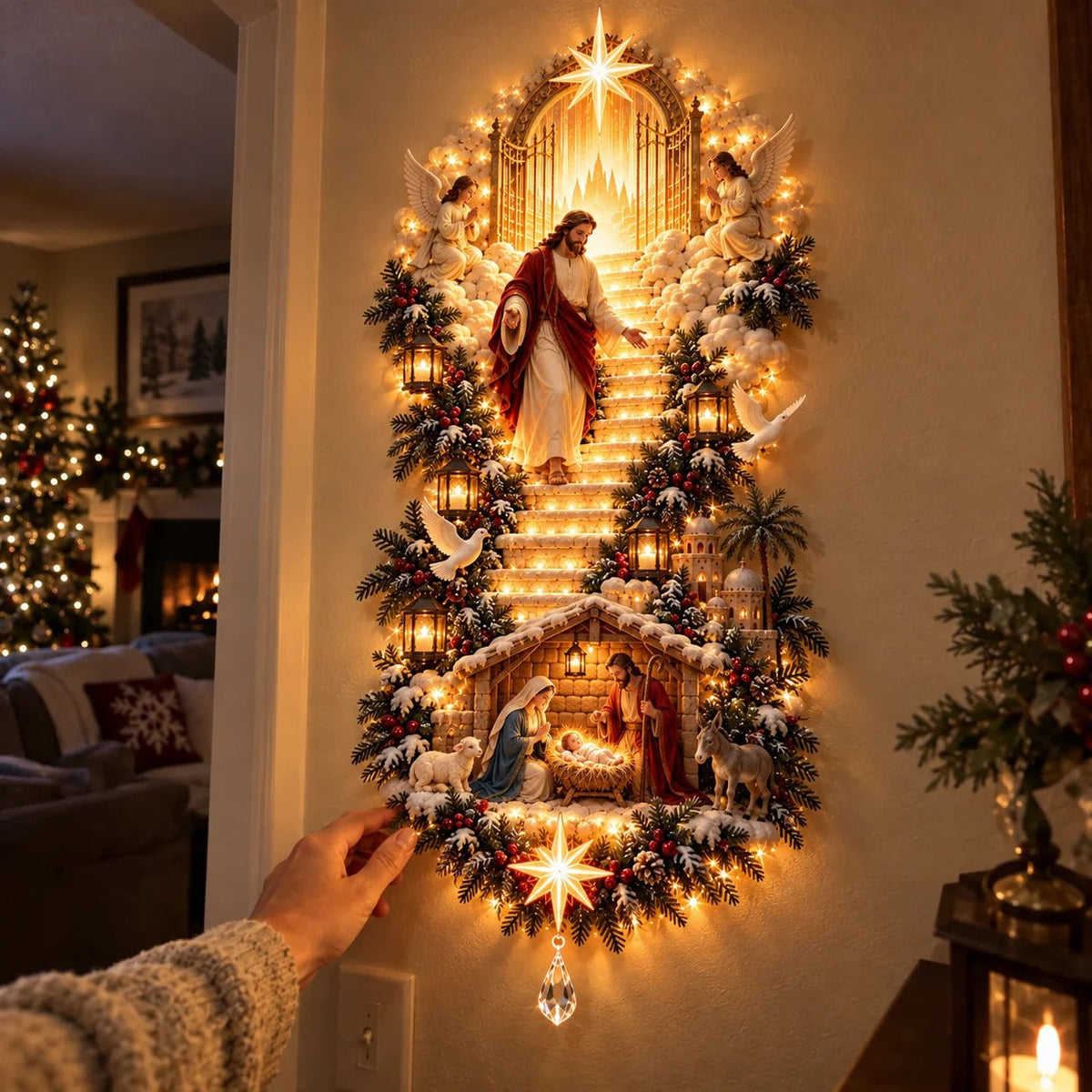🌟 Stairway to Heaven – Lighted Jesus Christmas Wall Hanging