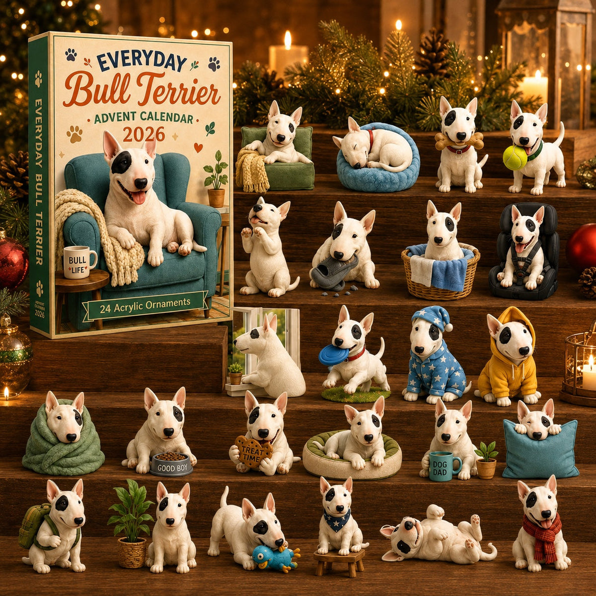 Bull Terrier Advent Calendar 2026 - 24 Acrylic Bull Terrier Ornaments