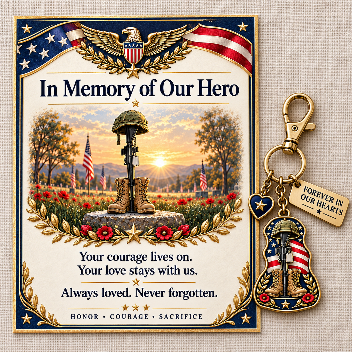 "In Memory of Our Hero" Memorial Keychain & Keepsake Card Set