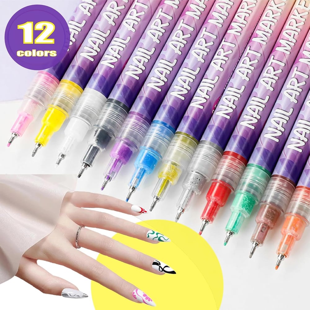 Sikunuo | 12 Colors Nail Art Pens — Acrylic Nail Design Set with Fine Tip
