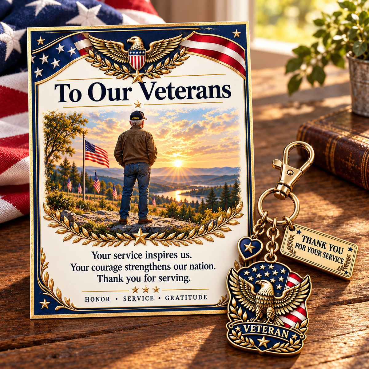 Patriotic Veteran Keychain with Appreciation Card