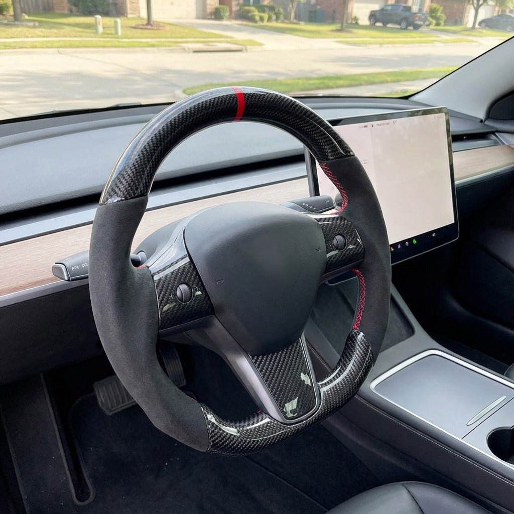 Carbon Fiber Alcantara Round Steering Wheel for Model 3 / Y【Style 15】