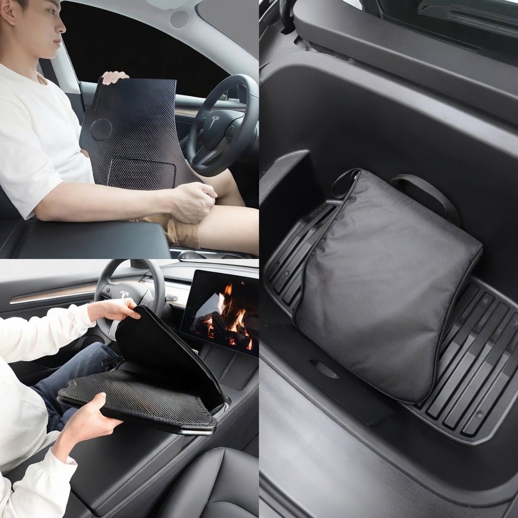 Carbon Fiber Pattern Foldable Working Tray Table for Model 3 Highland & Model Y Juniper | ABS