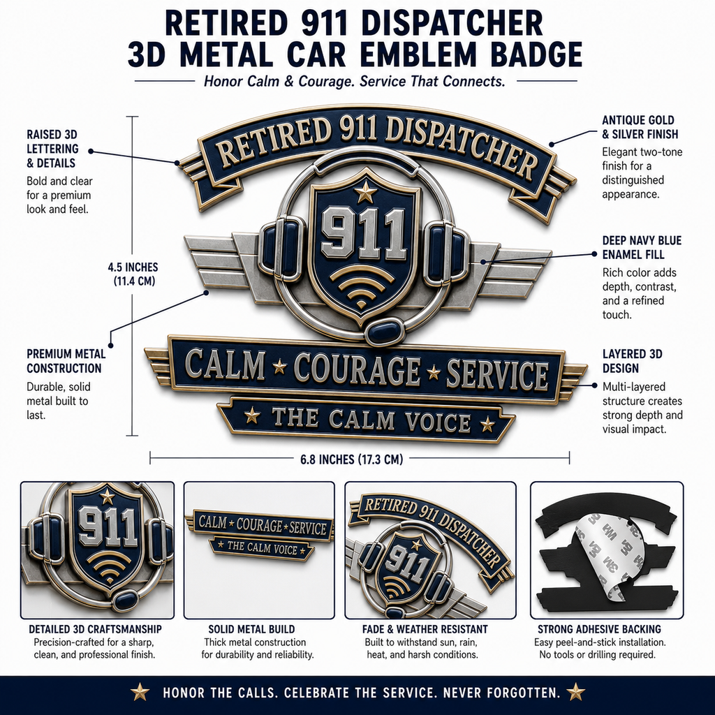 Retired 911 Dispatcher Calm Courage Service Metal Car Emblem