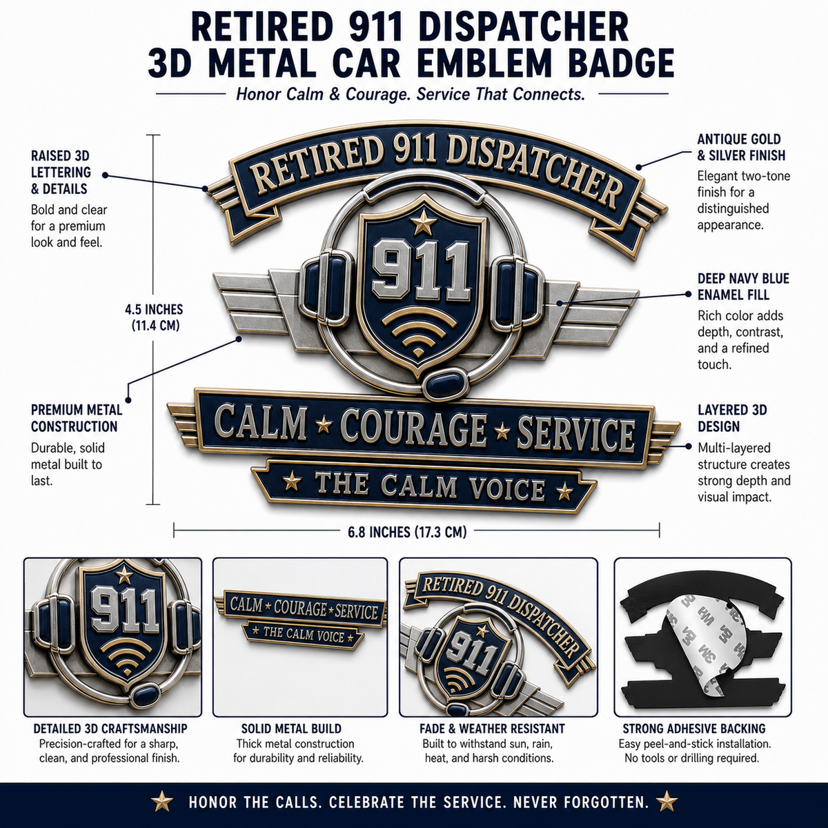 Retired 911 Dispatcher Calm Courage Service Metal Car Emblem