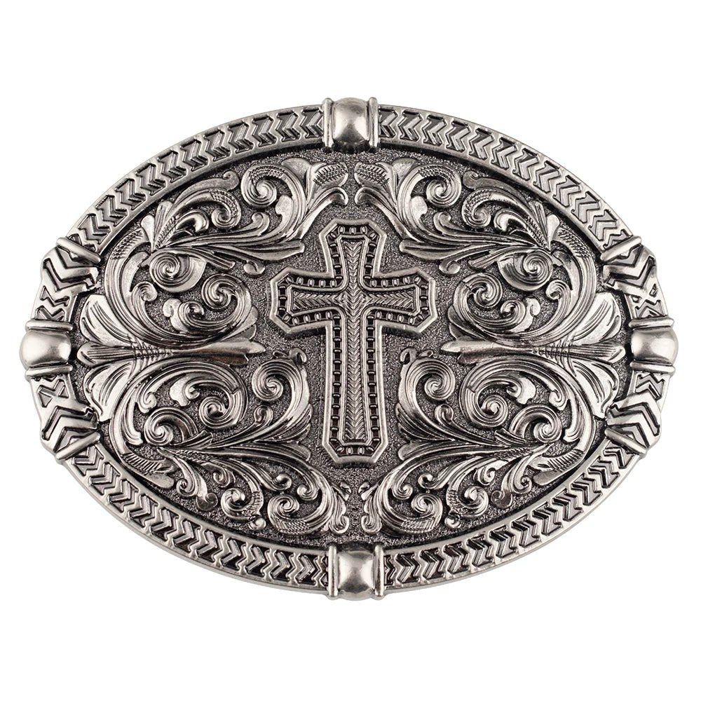 Cross Floral Engraved Western Belt Buckle