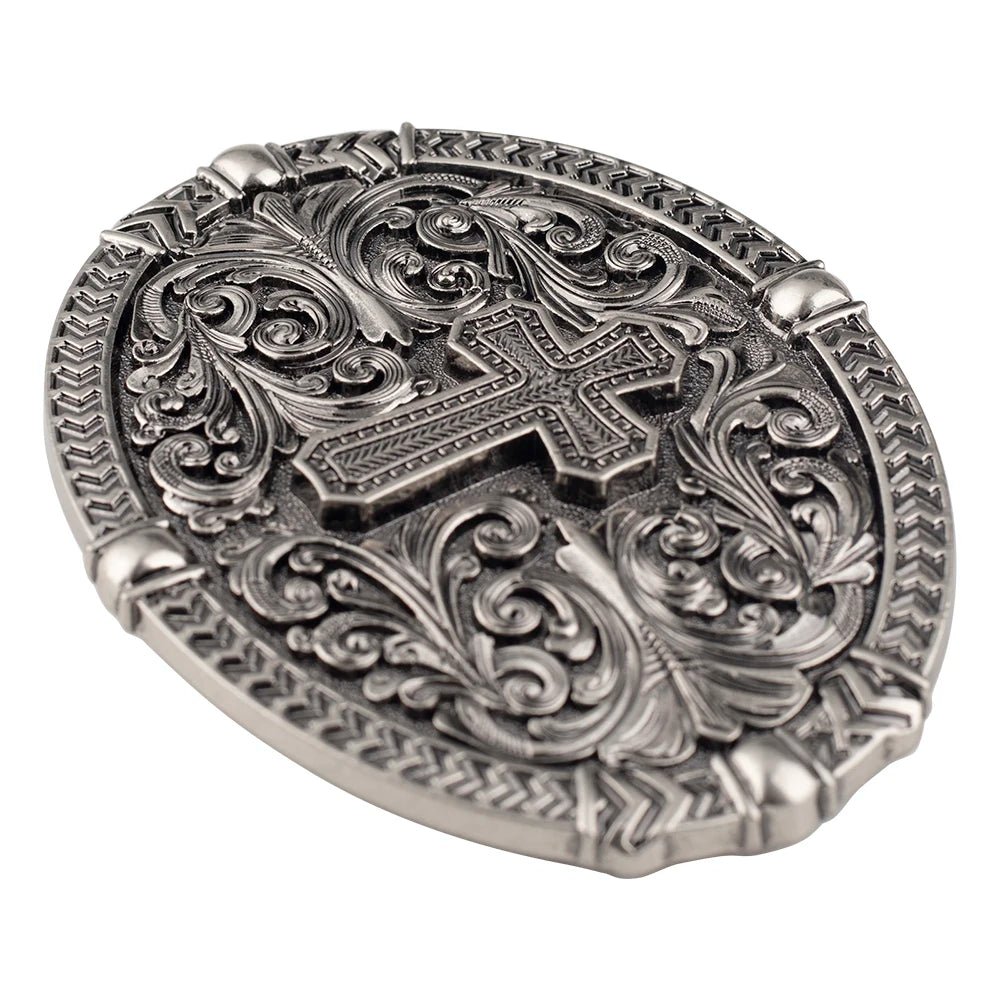 Cross Floral Engraved Western Belt Buckle