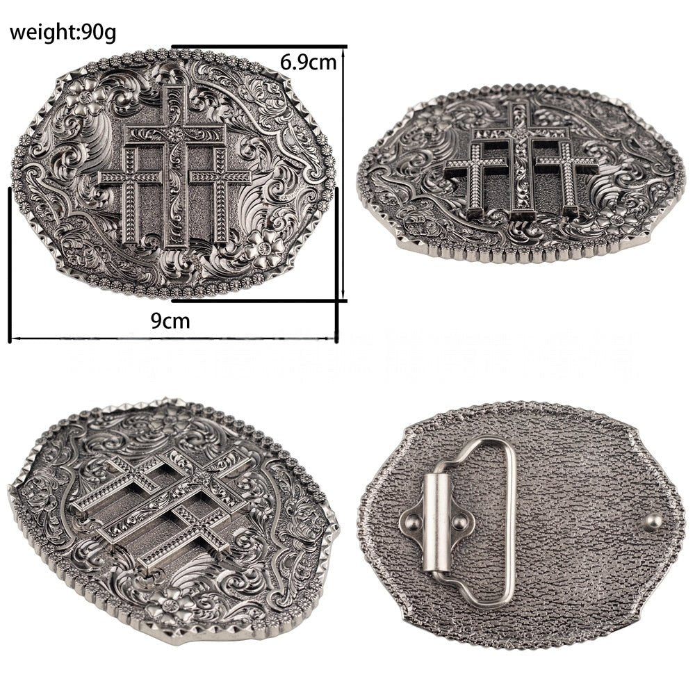 Cross Floral Engraved Western Belt Buckle