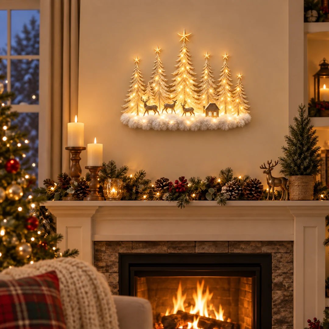 🌲✨ Lighted Woodland Forest Wall Decor – Glowing Winter Cabin Scene
