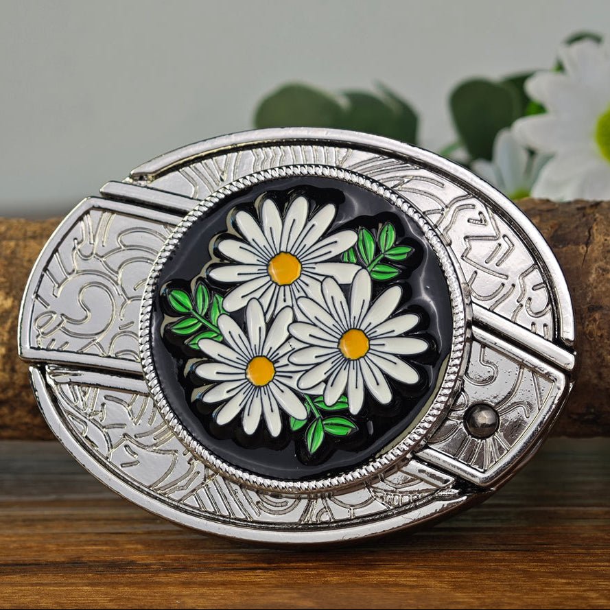 Daisy Flower Oval Western Belt Buckle White