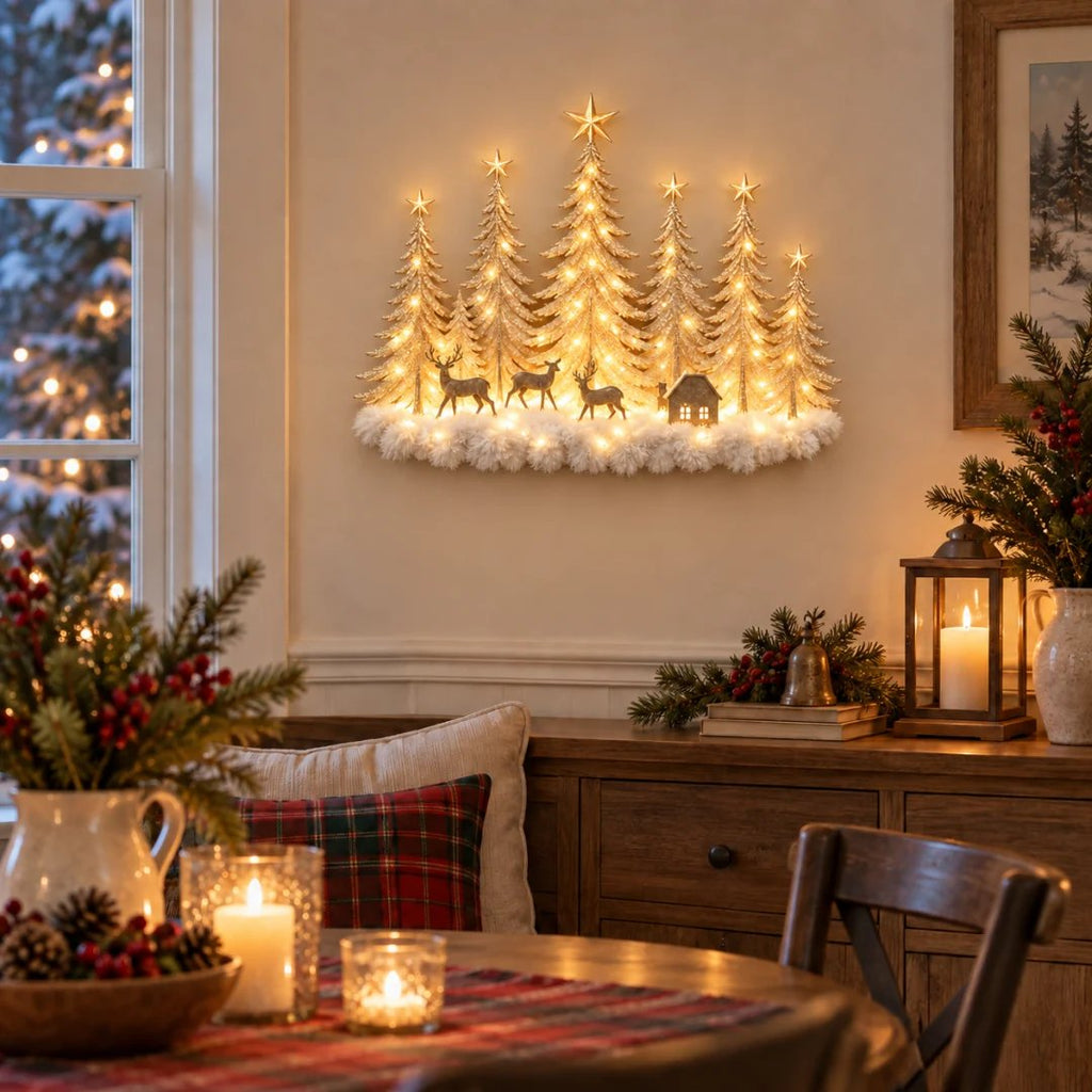 🌲✨ Lighted Woodland Forest Wall Decor – Glowing Winter Cabin Scene