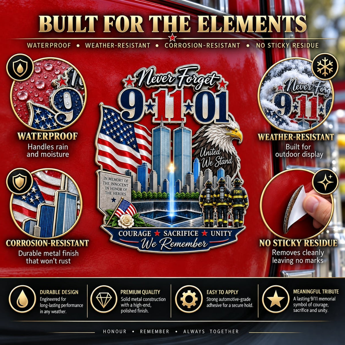 “Never Forget” Firefighter Tribute Metal Car Emblem