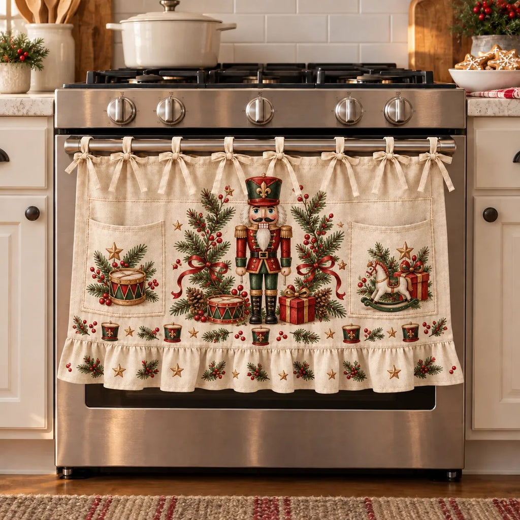 Christmas Kitchen Tie-On Skirt with Pockets & Ruffled Trim