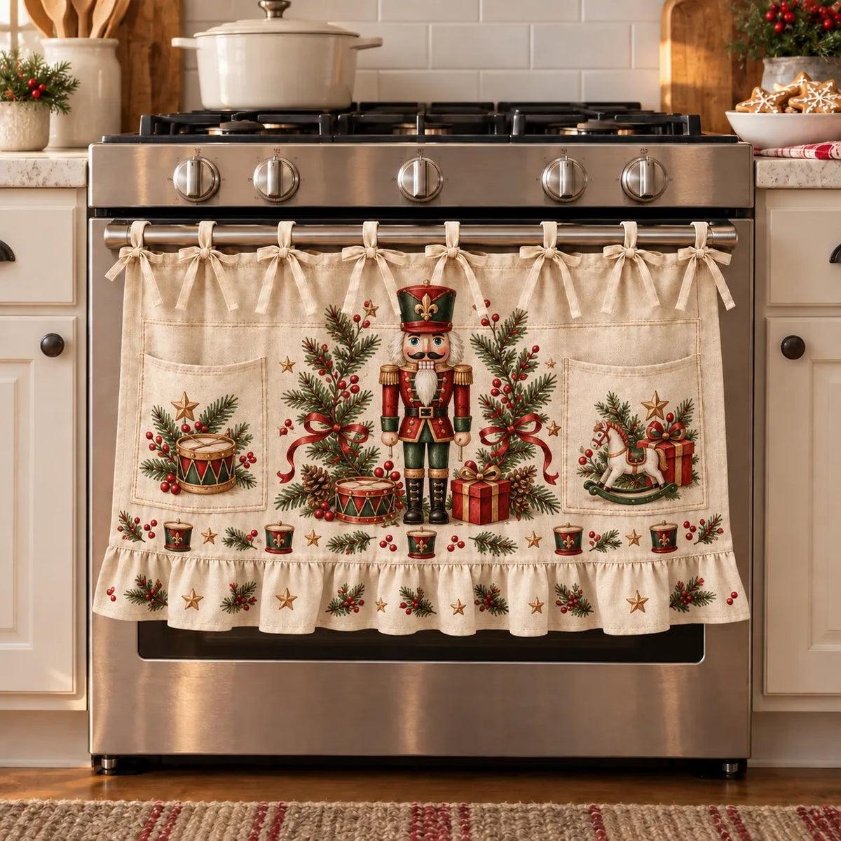Christmas Kitchen Tie-On Skirt with Pockets & Ruffled Trim