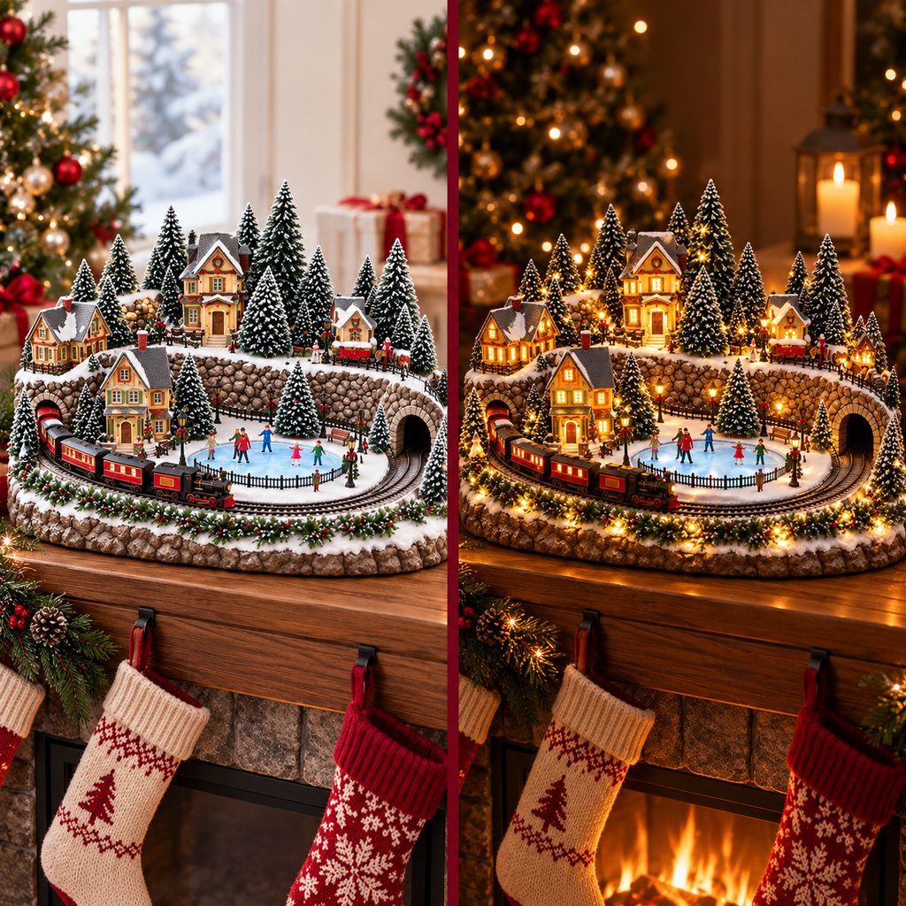🔥 🚂 Animated Holiday Train & Ice Rink Scene ✨