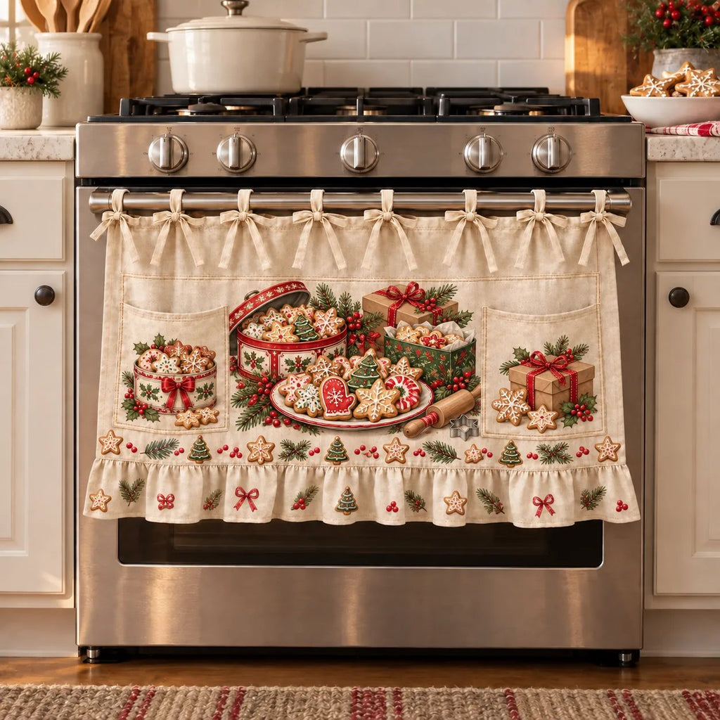 Christmas Kitchen Tie-On Skirt with Pockets & Ruffled Trim