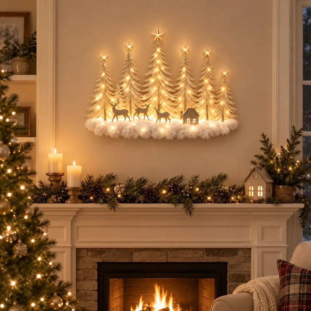 🌲✨ Lighted Woodland Forest Wall Decor – Glowing Winter Cabin Scene