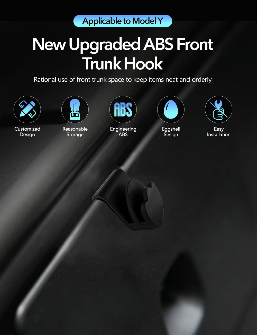 Sikunuo Model Y Front Trunk Hooks | ABS Storage Organizer 2021-2025 (2-Pack)