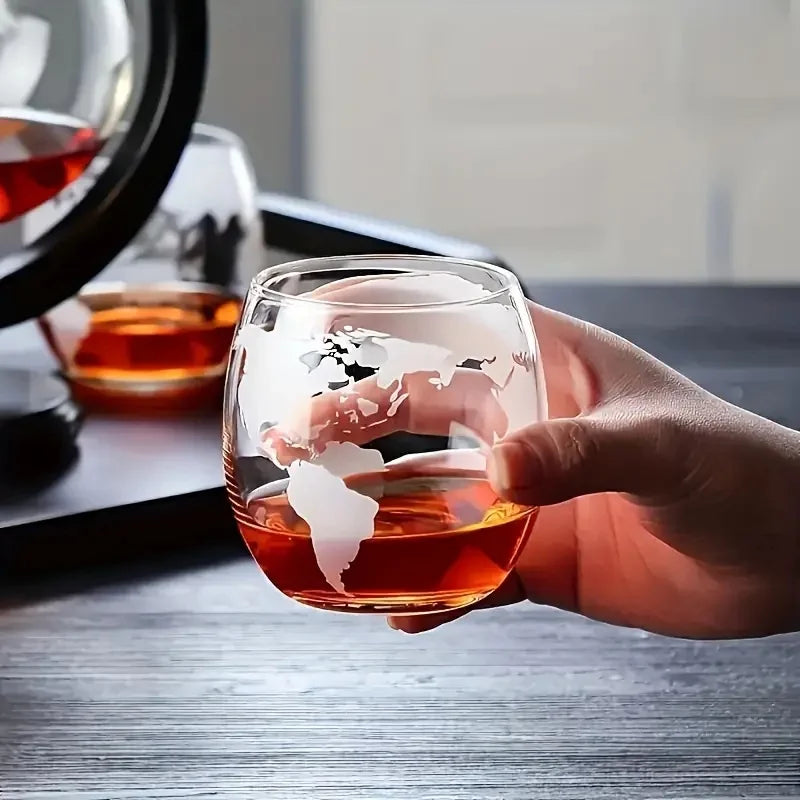 Glass Whiskey Decanter Set with Wooden Stand Etched World Ball Design | Sikunuo