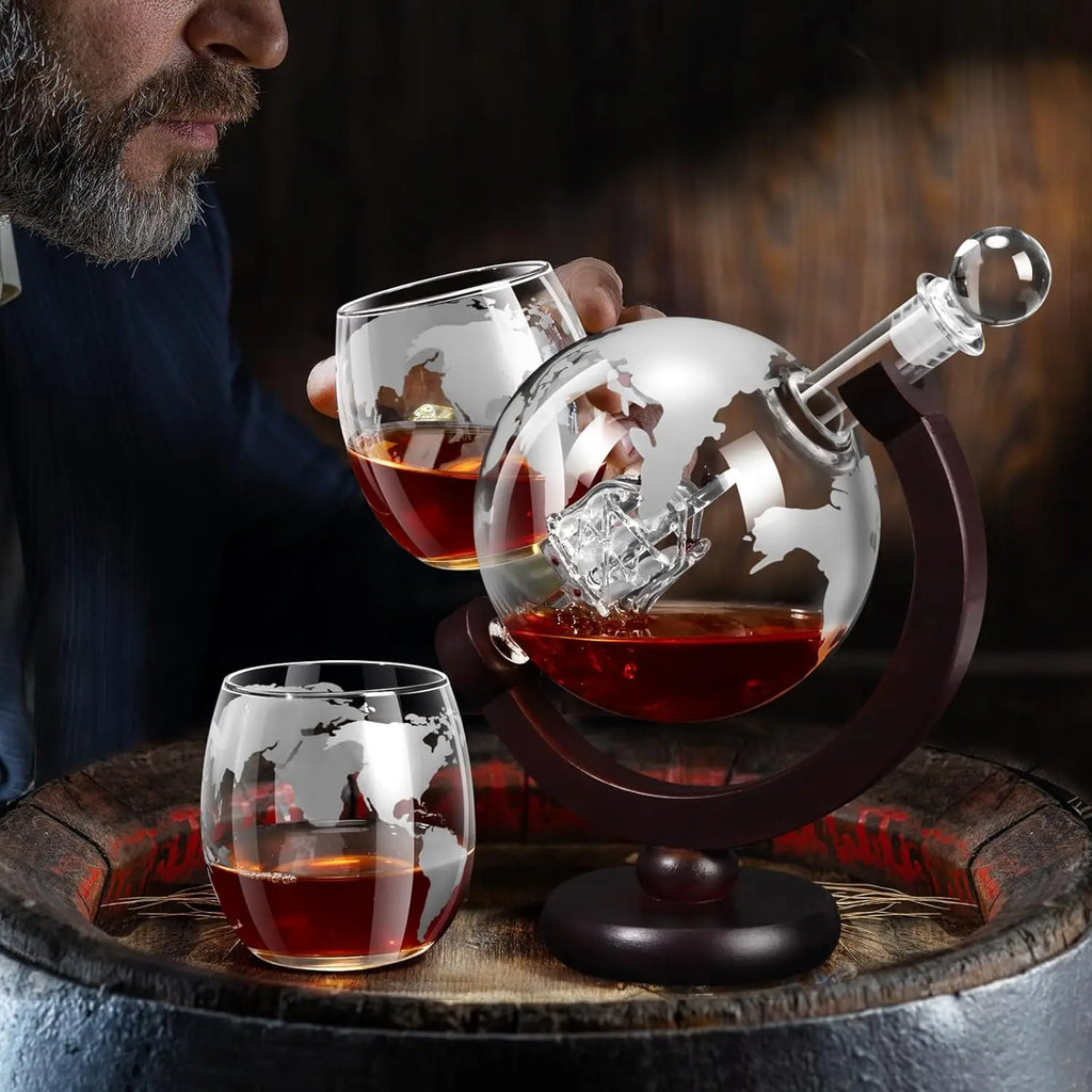 Glass Whiskey Decanter Set with Wooden Stand Etched World Ball Design | Sikunuo