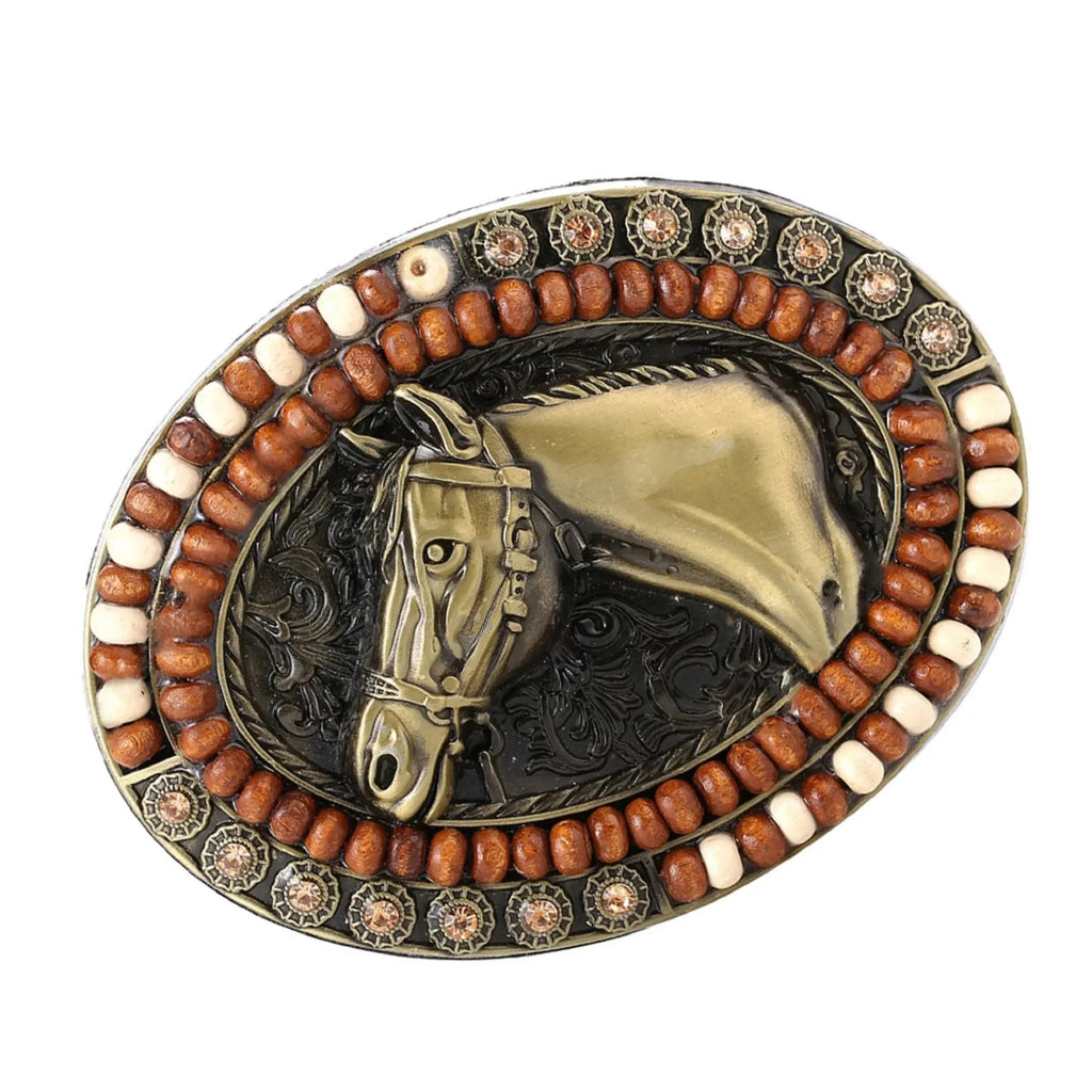 Gold Horsehead with Gemstone Western Belt Buckle