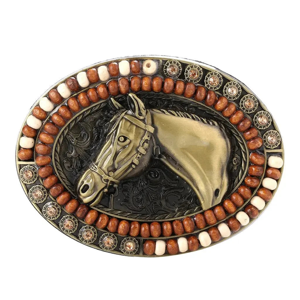 Gold Horsehead with Gemstone Western Belt Buckle