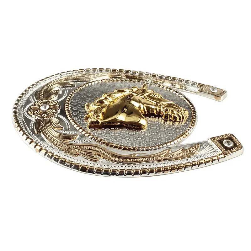Gold Horseshoe With Horsehead Cowboy Large Belt Buckle