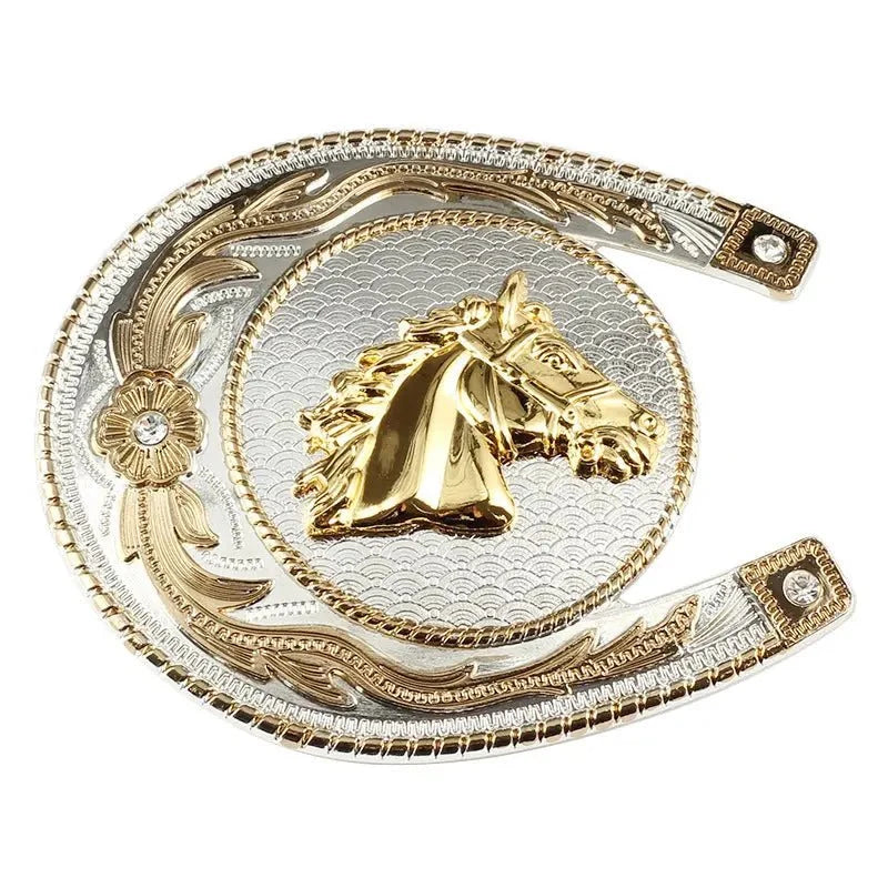 Gold Horseshoe With Horsehead Cowboy Large Belt Buckle