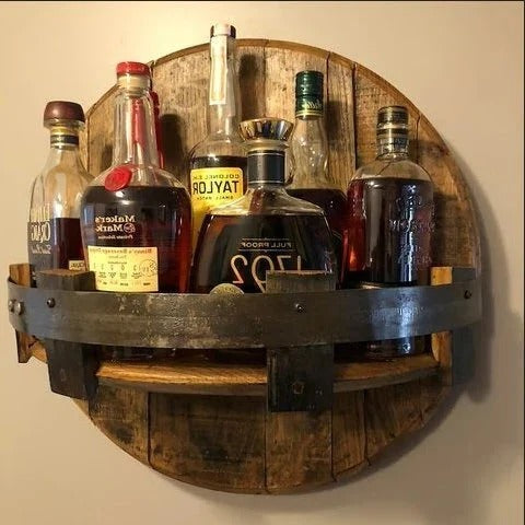 Sikunuo | Rustic Whiskey Barrel Shelf – Bourbon Bottle Wall Display Rack