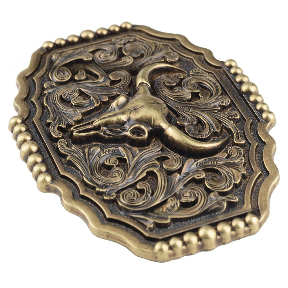 Western Longhorn Bull Skull Belt Buckle Antique Bronze Floral