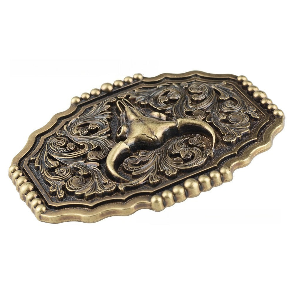 Western Longhorn Bull Skull Belt Buckle Antique Bronze Floral