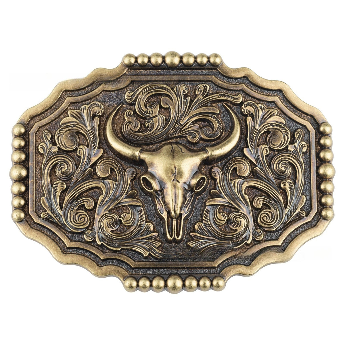 Western Longhorn Bull Skull Belt Buckle Antique Bronze Floral