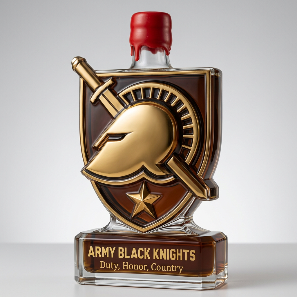 AI-generated three-quarter view of knight-themed whiskey bottle on a light gray background