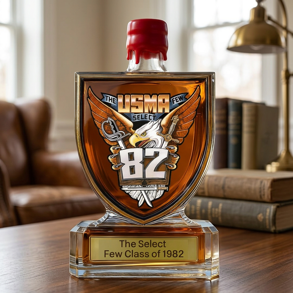 AI lifestyle visualization of Class of 1982 shield whiskey bottle displayed in a study