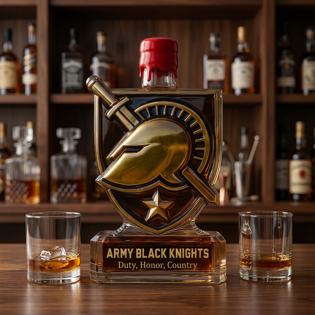 Knight-themed whiskey bottle displayed on a walnut home bar with glassware styling props