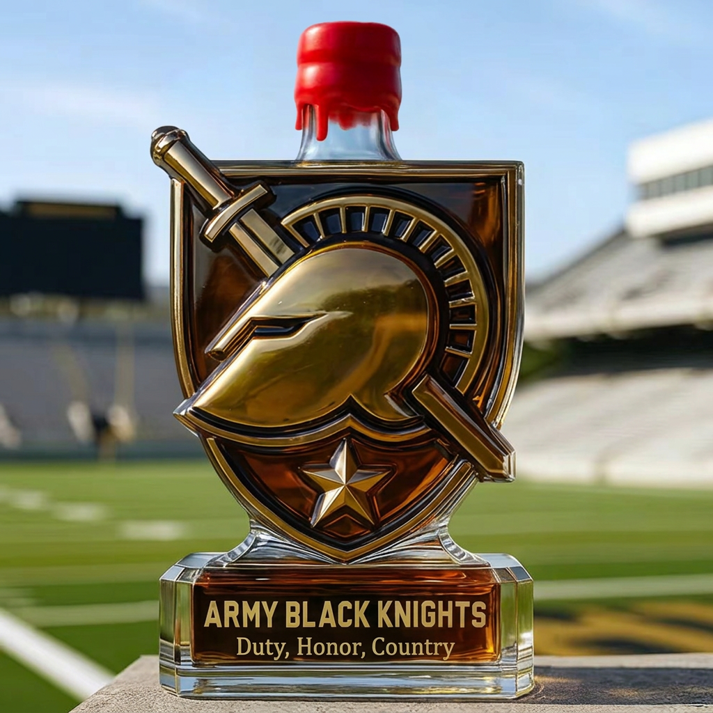 Army Black Knights shield-shaped whiskey bottle with red cap against a stadium background