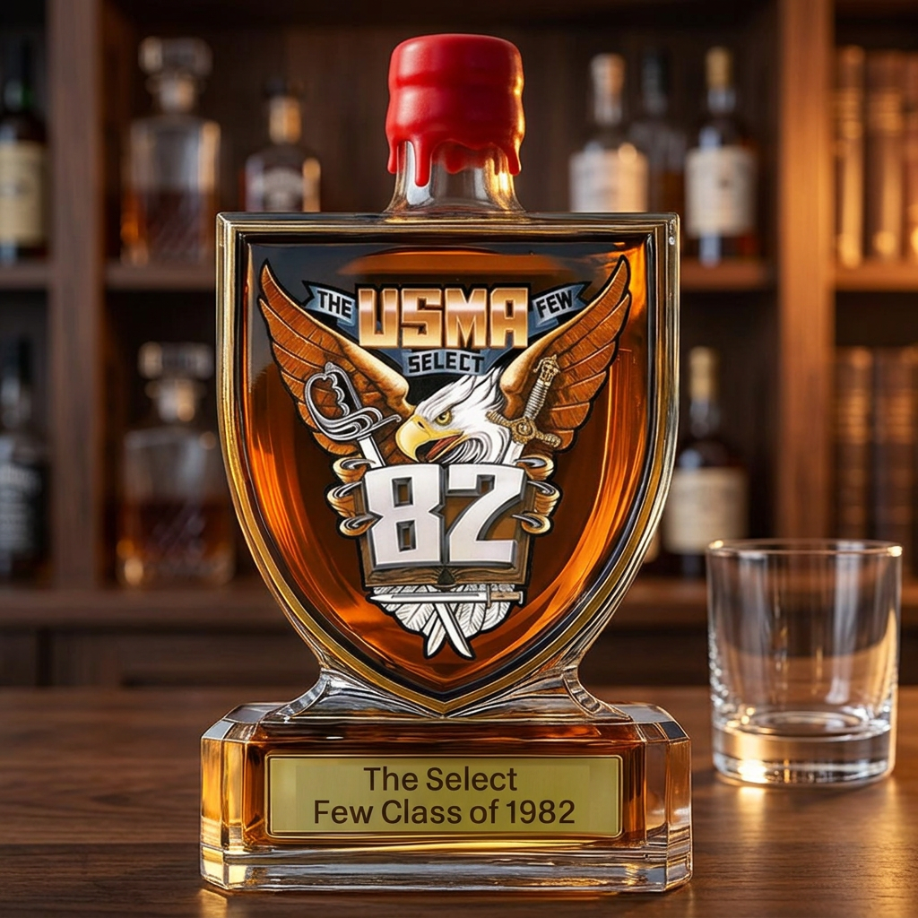 AI lifestyle visualization of Class of 1982 shield whiskey bottle on a warm walnut home bar