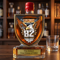 AI lifestyle visualization of Class of 1982 shield whiskey bottle on a warm walnut home bar