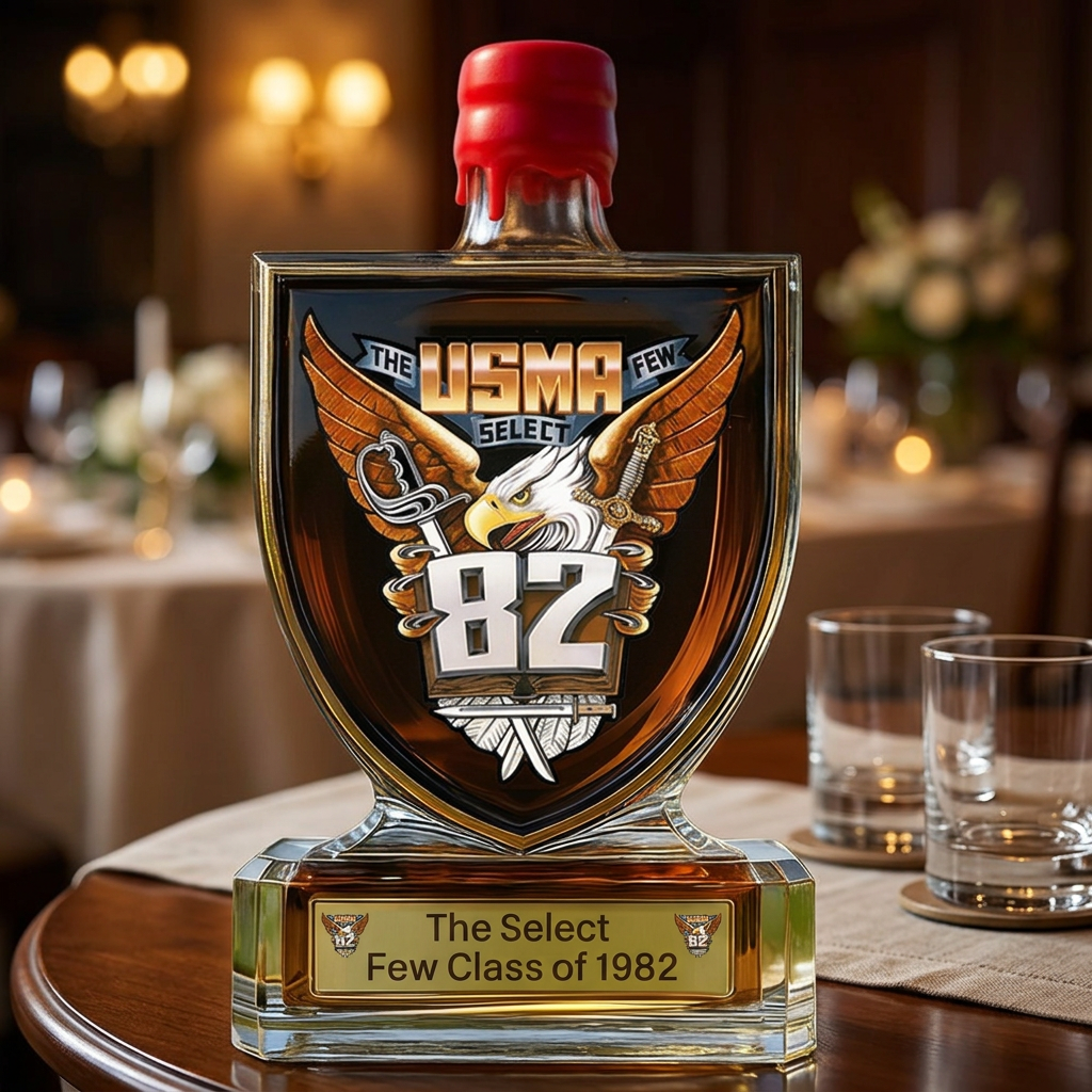 AI lifestyle visualization of Class of 1982 shield whiskey bottle on a reunion table