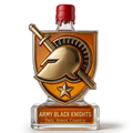 Front view of shield-shaped whiskey bottle with gold-tone knight helmet and red wax-style cap on white background