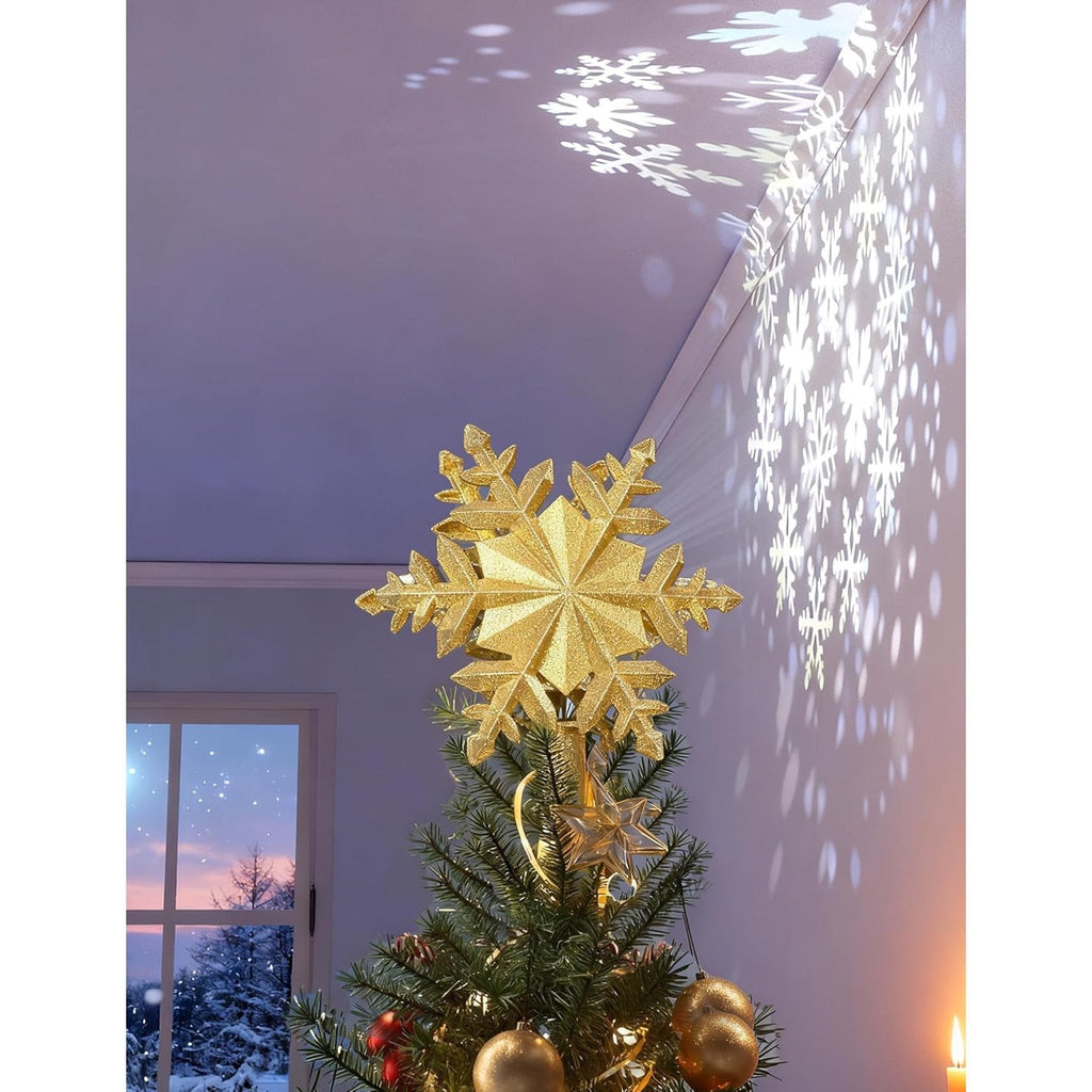 Christmas Tree Topper with Rotating Snowflake Projector - Gold Glitter Snowflake