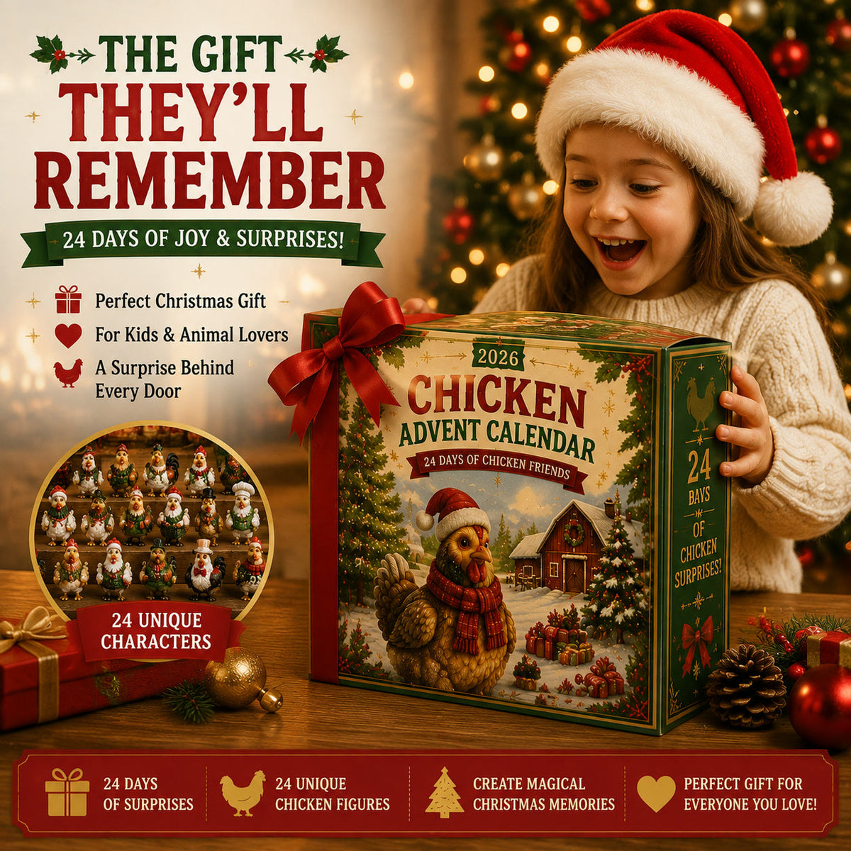 Chicken Advent Calendar 2026 - 24 Christmas Chicken Figurines