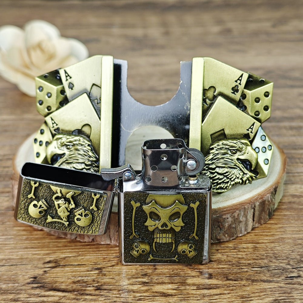 Lucky Skull and Eagle Lighter Holder Belt Buckle Antique Bronze