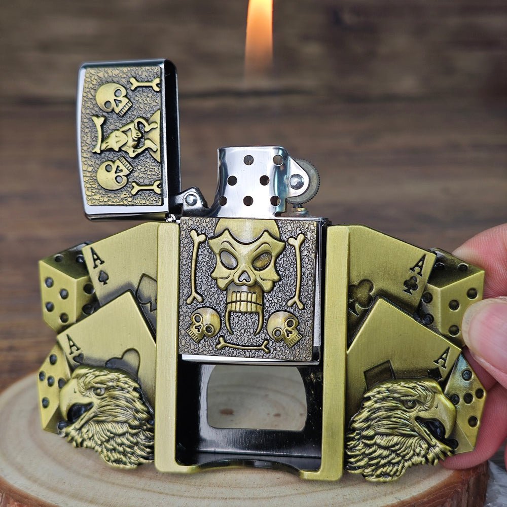 Lucky Skull and Eagle Lighter Holder Belt Buckle Antique Bronze