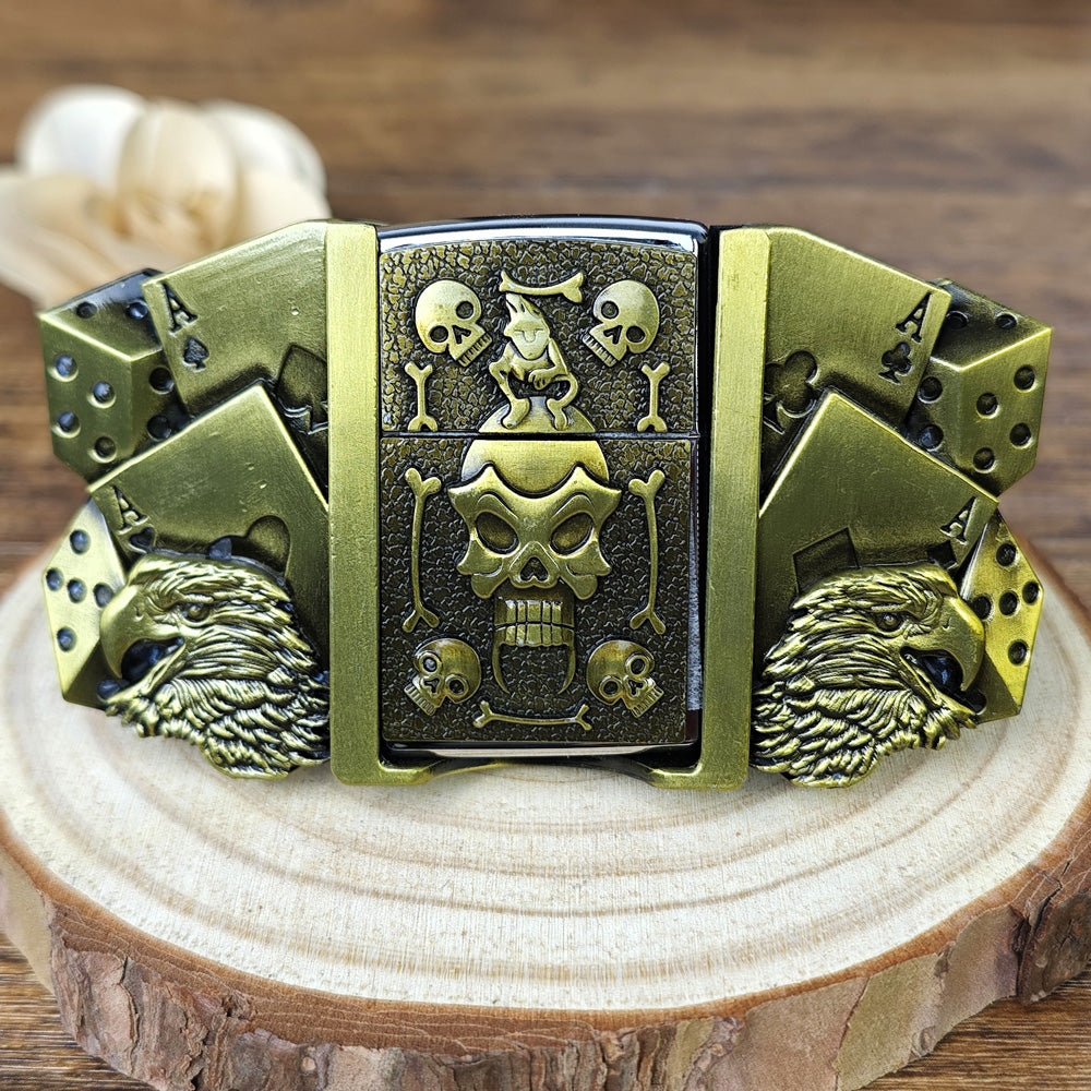 Lucky Skull and Eagle Lighter Holder Belt Buckle Antique Bronze