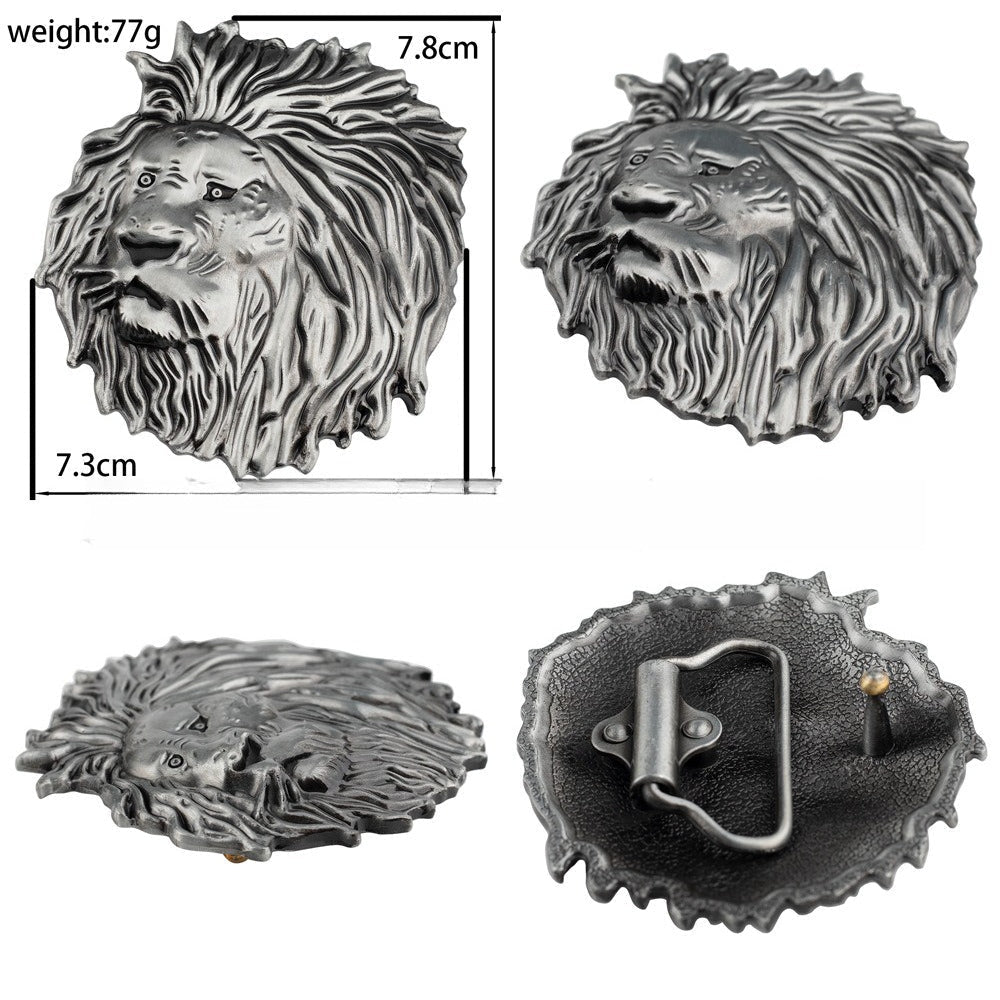 Mens Lion Head Belt Buckle Silver 3D Embossed
