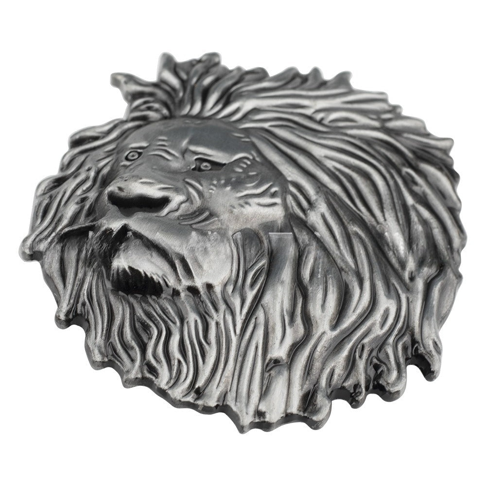 Mens Lion Head Belt Buckle Silver 3D Embossed