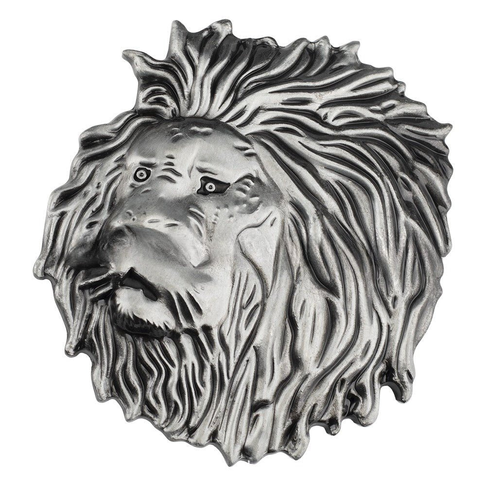 Mens Lion Head Belt Buckle Silver 3D Embossed