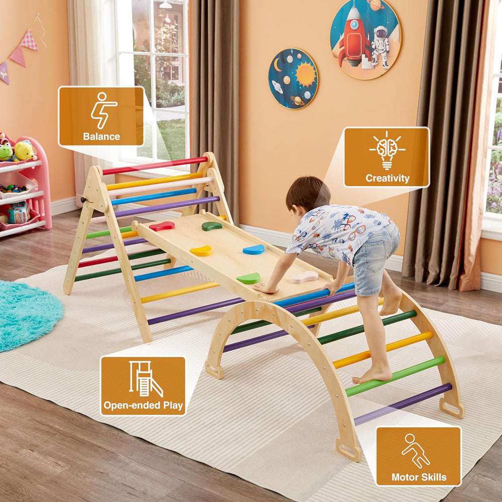 Colorful Montessori Climbing Triangle & Arch Set with Slide – Foldable Wooden Indoor Play Equipment