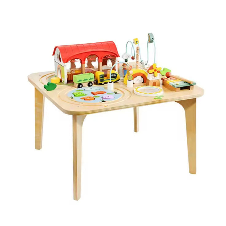 Montessori Wooden Busy Table – Activity Play Table with Fishing, Xylophone & Train Track